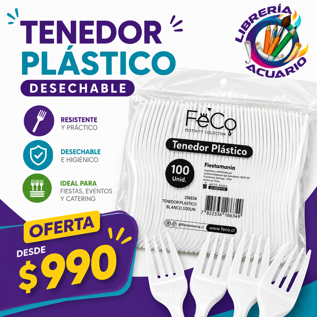 Tenedor Plastico Desechable Blanco 100 unidades