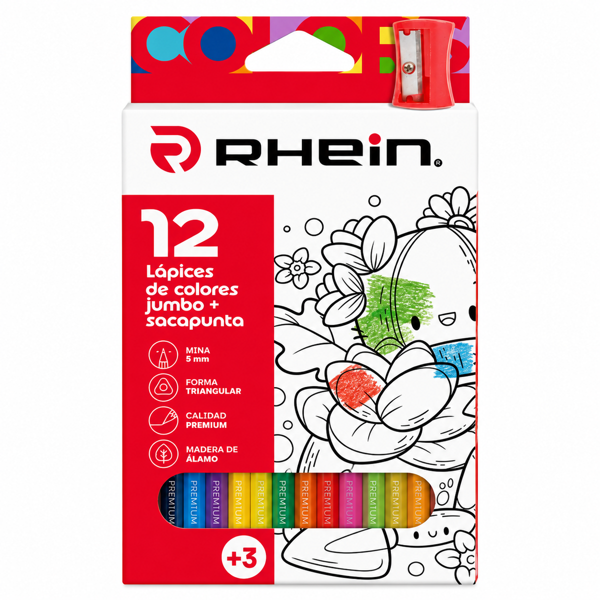 Lápices De Colores 12 Largos Jumbo Rhein + Sacapunta
