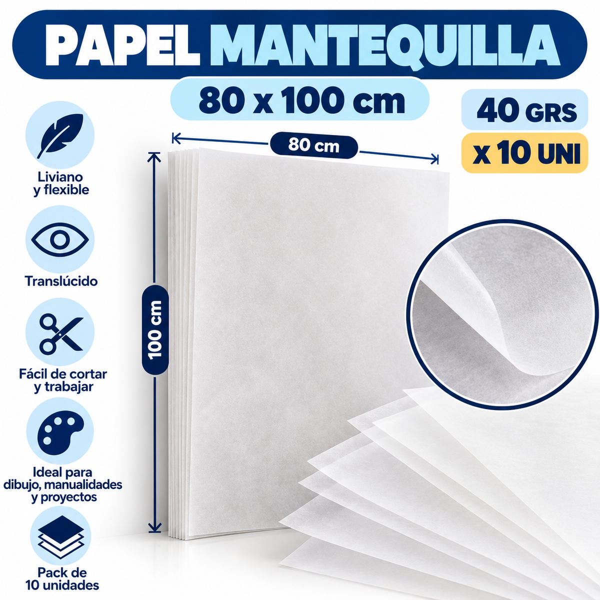 Papel Mantequilla 80x100- 40 grs x 10 Uni
