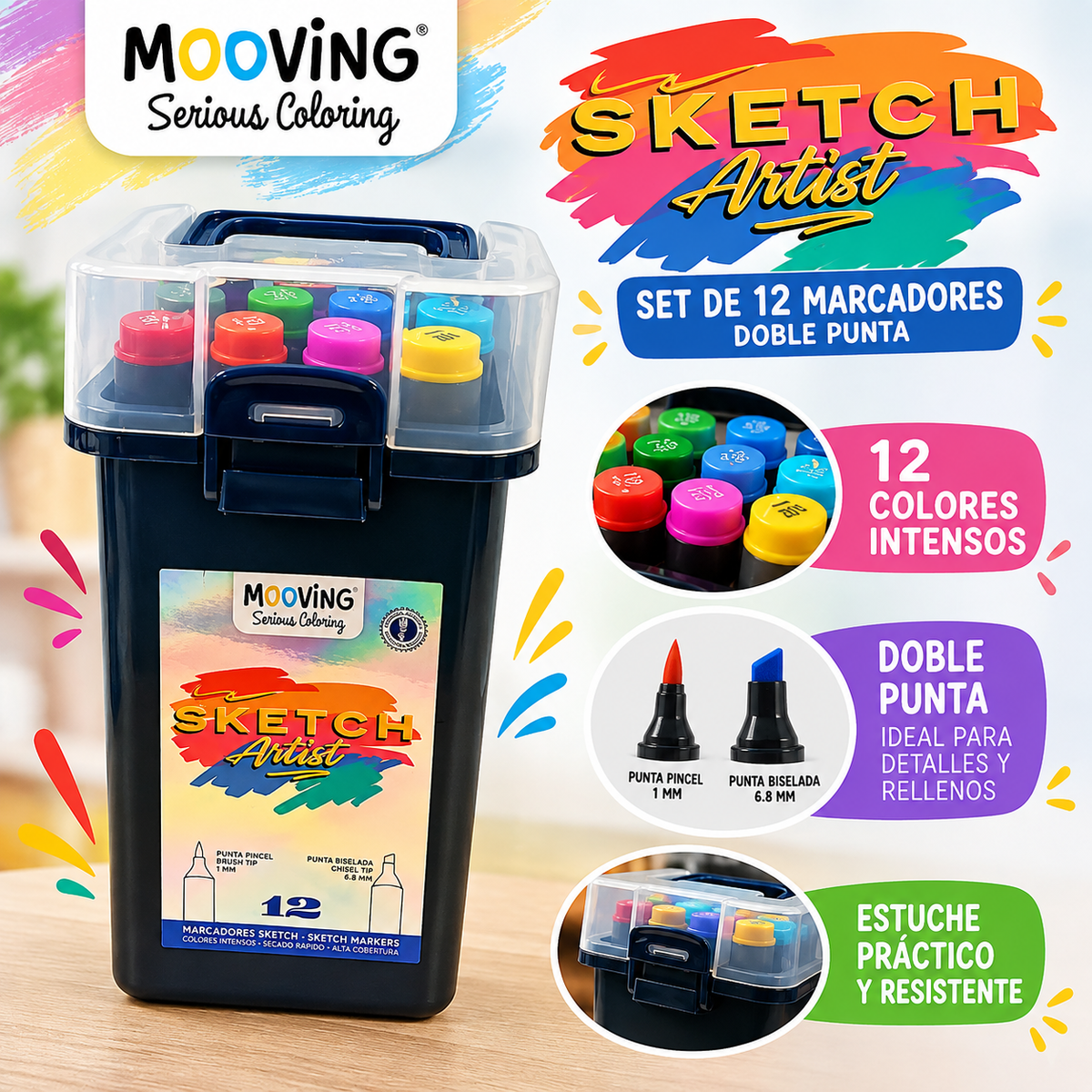 Marcadores doble punta 12 Colores Tina a Base de Alcohol - Mooving