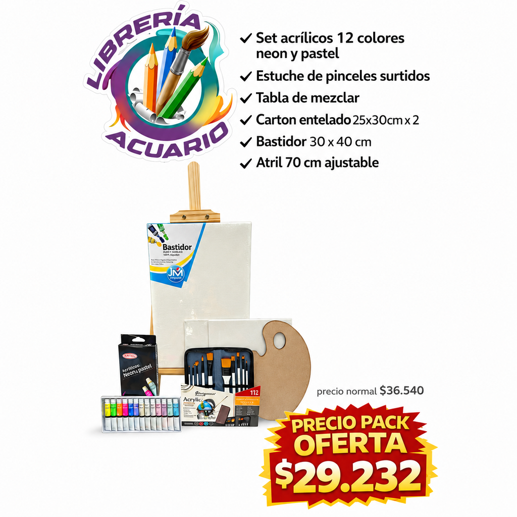 Kit Completo de Pintura Acrílica con Atril y Bastidores