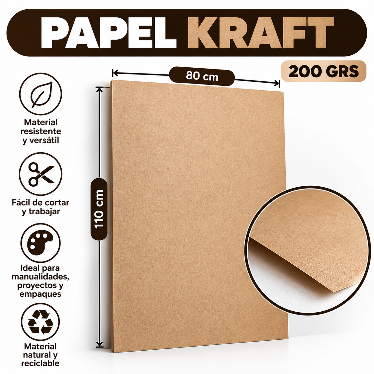 Papel Kraft 200 Gr 80x110 cm – Pliego Café para Manualidades, Packaging y Decoración